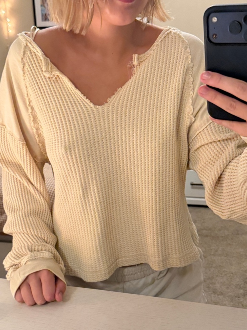 BDG Cream Waffle Knit V-Neck Pullover